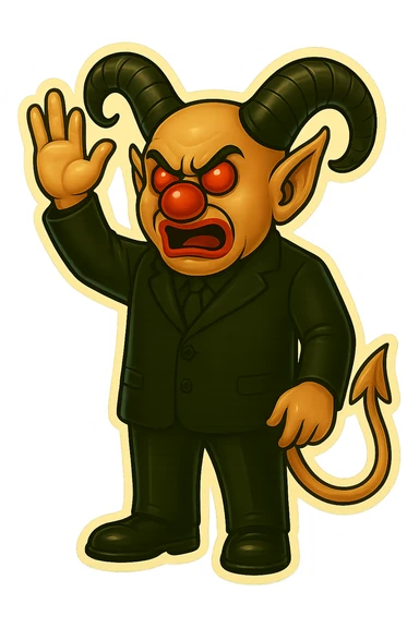 Evil clown wizard in retro sticker style, transparent background, wearing an all black suit, no pentagrams, using the face, horns, and tail from the reference image. Pose: casting a spell with one hand raised, clean modern sticker look. sticker