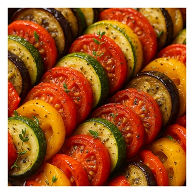 ratatouille food, realistic style, close-up of cooked vegetables, glistening with olive oil, herbs visible sticker