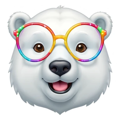 head and shoulders of a friendly anthropomorphised polar bear smiling, wearing large multicolored star-shaped glasses sticker