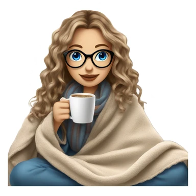 Balayage hair Girl drinking coffee, with a cozy blanket wearing glasses with blue eyes beautiful  sticker