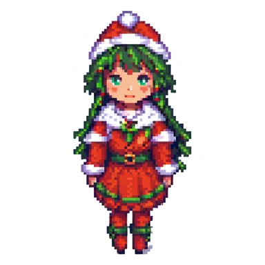 star guardian female character in a festive outfit, pixel art style sticker