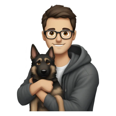 a handsome guy (dark brown hair, with light  blue colour eyes, thin stylish black glasses with hoodie) hugging a grey colour german shepherd with brown eyes) sticker