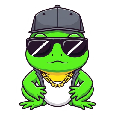 thug life frog with pixelated black sunglasses, gold chain, snapback hat, tough gangster pose sticker