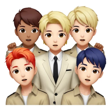 Cinematic Realistic BTS Portrait Emoji, depicted as a dynamic energetic portrayal of the global K-pop group with stylish modern attire and vibrant expressions, rendered with rich textures and bold contemporary lighting that captures their youthful charisma. sticker