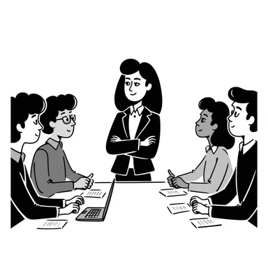 Executive employer at head of meeting table with team sticker