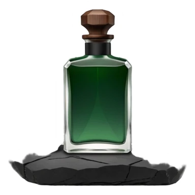 A masculine fragrance bottle featuring a gradient of deep forest green to charred black glass. The cap is made of dark walnut wood. The bottle is placed on a jagged piece of slate rock with a faint mist in the background. Earthy, moody, textured, photorealistic. sticker
