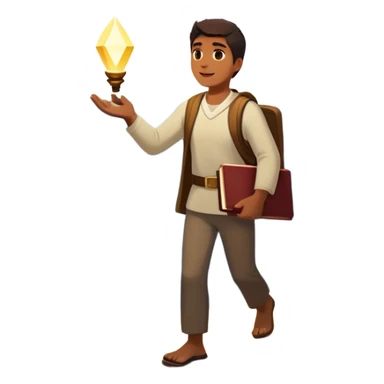 A man walks from darkness and inner conflict toward a glowing light in his chest, guided by intuition. Along the path, he passes through ambition and emptiness, then reaches a radiant mountaintop where healing transforms him into a fulfilled guide, holding a book and offering his hand to others. sticker