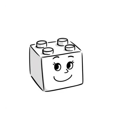 A hand-drawn red Lego-style brick with a silly cute expression sticker