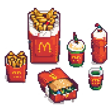 futuristic mc donalds sandwich boxes, fries, bag and drink. dystopian sticker