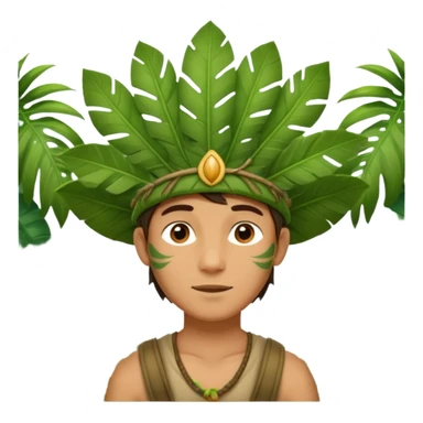 a young man explorer with jungle wearing a large leaf headgear bye  sticker