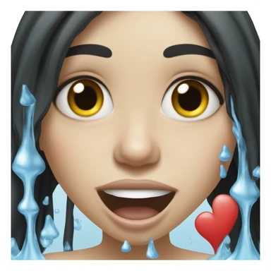 Emoji of a black-haired, white-skinned girl with water coming out of her mouth and hearts coming out of her head. sticker