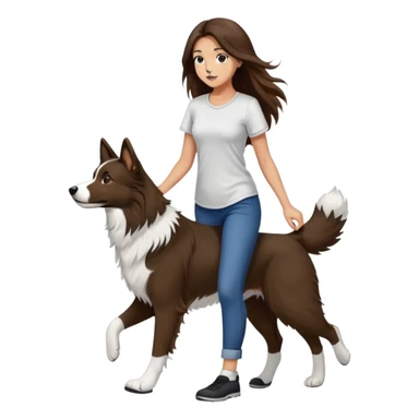A beautiful girl with long brown hair and wearing a tight short-sleeved shirt is walking a black and white Border Collie sticker