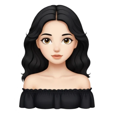 A realistic 3D avatar of a young woman with a soft oval face, slim cheeks, natural almond eyes, long wavy black hair, minimal makeup, wearing a black off-shoulder top, elegant and aesthetic, not cartoonish. sticker