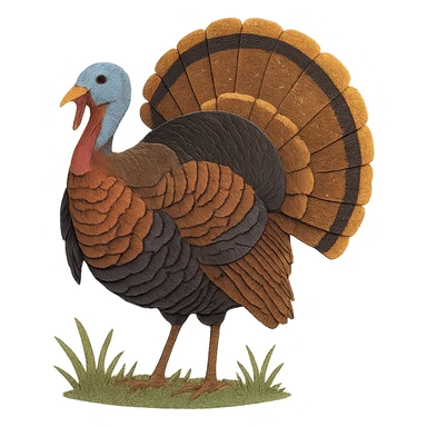 Eastern Wild Turkey standing in grass, delicate paper layers, realistic feather patterns, subtle color variations, fanned tail sticker