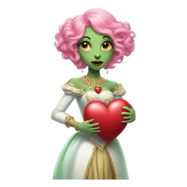 a green amazon alien woman in Victorian white gold, pink hair,holdig, red big hearth, full body sticker