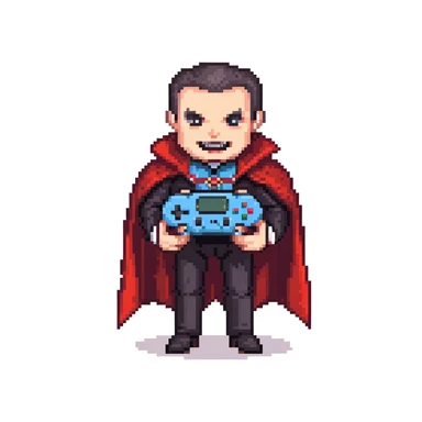 Count Dracula vampire with fangs and cape holding a gaming controller sticker