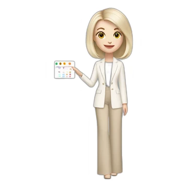 pale skin woman with ash blonde Straightened bob Hair, White Spacious classical jacket, beige palazzo Arrow pants and gray blouse holding a color palette in the hands sticker