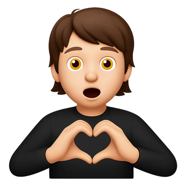 Edit the apple style emoji of a boy with brown hair to have longer hair and his hands forming a heart shape. Keep the boy wearing a black shirt, with wide open eyes and mouth, front view, and no background. Maintain the apple emoji style look. sticker