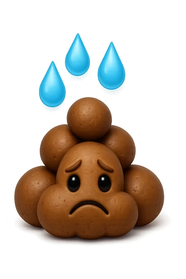 emoji stile iphone di una montagnetta di feci umane realistiche a palline tristi con sopra un simbolo delle gocce di acqua, iperrealistico 4k sticker
