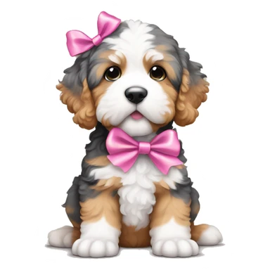 Multi color bernedoodle puppy with pink ribbon on head sticker