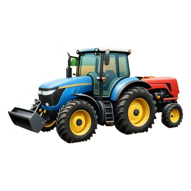 An icon representing a farming simulator, with a detailed tractor plowing fields under a bright sky with bright rural landscape. The design includes farming tools, crops and barns, symbolizing the immersive experience of managing a farm. Transparent background. sticker