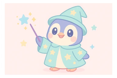 a cute penguin wizard casting a sparkling spell, wearing a starry robe and hat sticker