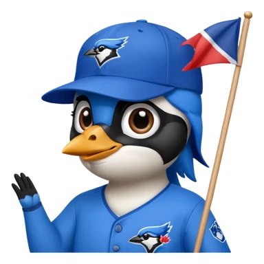 blue jay with MLB blue jay baseball hat, holding flag saying Hi Carolyn  sticker
