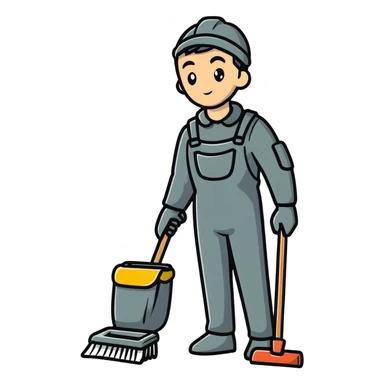 person in dark-grey custodian outfit with cleaning tools sticker