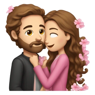 Guy with brown hair and a beard kissing a girl with long brown hair with pink flowers sticker