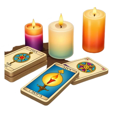 A deck of tarot cards lies on the table, and a candle stands nearby sticker