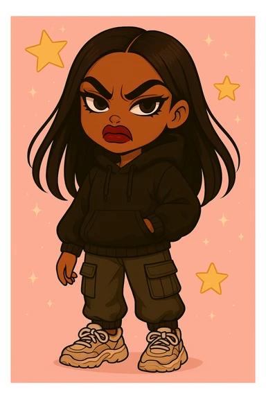 Change the expression to angry for a 20-year-old anime Bratz style woman with dark skin, dark hair, trendy streetwear, big expressive eyes, and glossy lips. Maintain the anime Bratz style and the described features. sticker