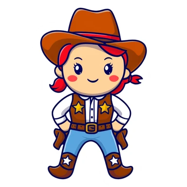 A cartoon stuffed cowgirl toy with freckles, red hair and a star-shaped badge sticker