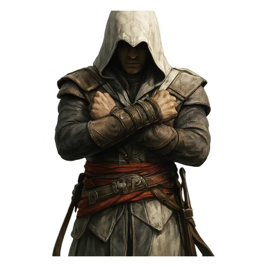person doing the Assassin's Creed pose, arms crossed in front, hooded, dramatic stance sticker