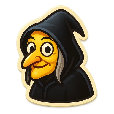 simple old witch emoji with pointy nose, big eyes, black cloak, playful cartoon style sticker
