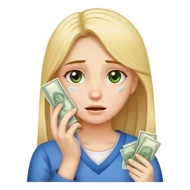 Girl wiping tears with money sticker