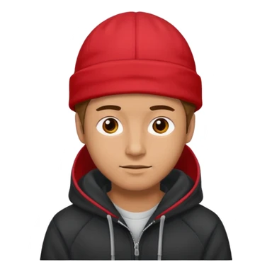 man with red cap and hoodie sticker