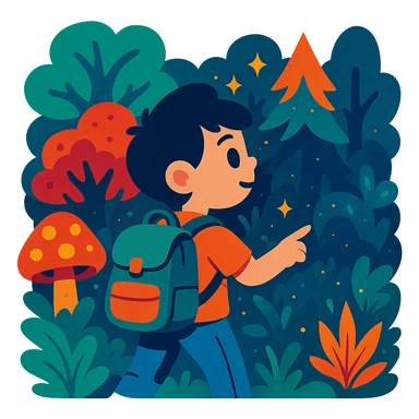 child with backpack exploring an enchanted forest sticker