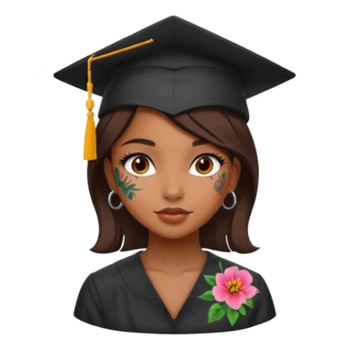 nude and sexy brown skin girl, floral colorful tattoes, in student cap, graduating sticker
