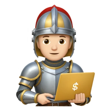 Knight with helmet holding laptop and money sticker