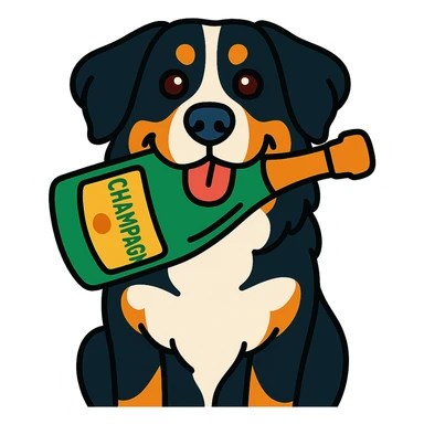 bernese mountain dog with a toy champagne bottle in its mouth, vibrant toon style sticker