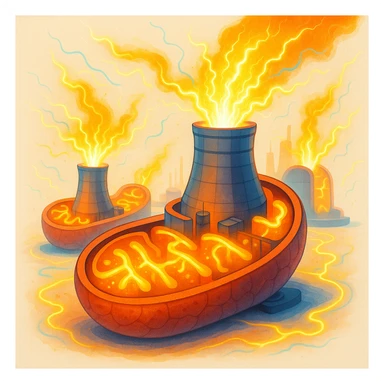illustration of mitochondria as nuclear power plants, detailed and modern style inspired by DALL·E 3, visible energy, bright colors, only energetic elements, light background sticker