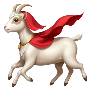 side view of white female goat wearing a read cape like superman sticker