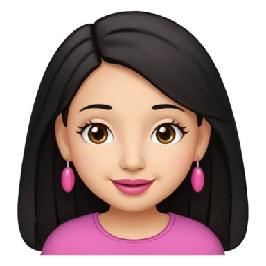 Gordita, ojos pequeños de color cafe oscuro, labios pequeños y rosados, piel trigueña, orejas pequeñas, cabello largo lazio y negro. sticker