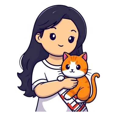 beautiful girl with elegant long black hair holding a cute ginger cat sticker