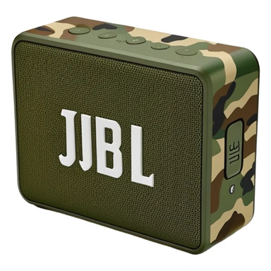 Ultra minimal JBL Go 4 bluetooth speaker with green and brown camouflage pattern, sleek design, simplified controls sticker