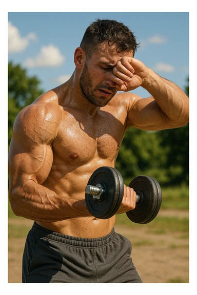 uomo fitness che si allena in estate, tutto sudato, con una mano fa un curl manubri mentre con l'altra mano si asciuga il sudore dalla fronte, espressione affaticata in volto sticker