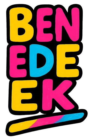 Benedek name in colorful, modern, dynamic style with dark outline, transparent background, slanted colorful underline, based on reference patterns sticker