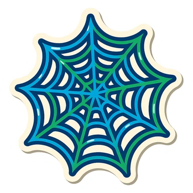 a creative spider web with blue and green colored outlines (no gradient), expressive shadows and highlights, transparent spaces between the web strands, blue and green lines in a spiral or radiating pattern, no fill between the lines, playful and bold sticker