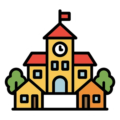color outline icon of a municipality with city hall, houses, and trees sticker