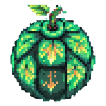Green digital bomb animation frame 3, round bomb body with green highlights, very short leaf-shaped fuse at top, brighter green glow, nature-inspired design, pixel art style sticker